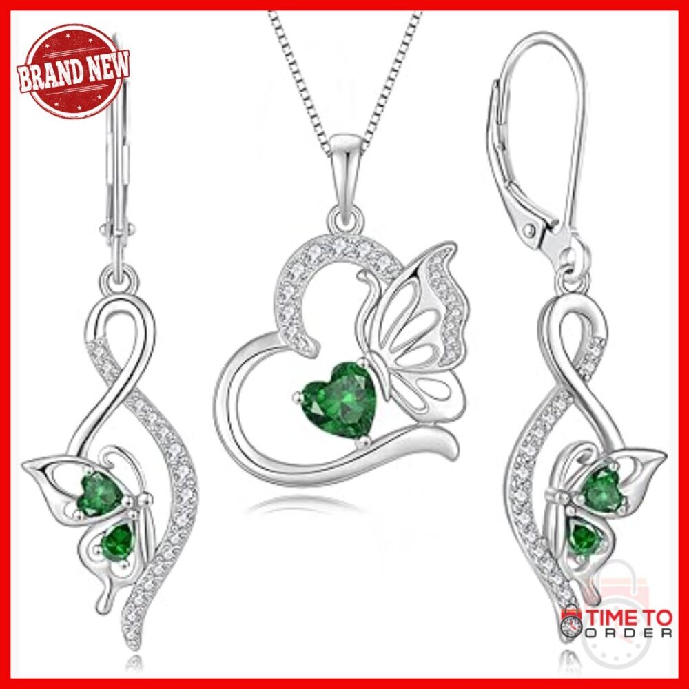 925 Sterling Silver Butterfly Heart Infinity Necklace Earring Set Emerald